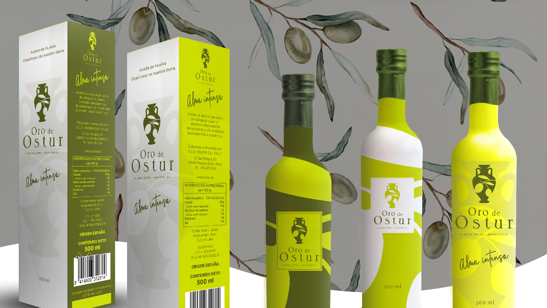 Diseño gráfico y creativo de etiquetas de aceite de oliva virgen extra para ORO DE OSTUR