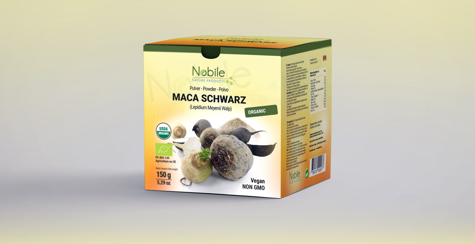 Portfolio of graphic and creative design of label and packaging design for bio products MACA NEGRA from NOBILE NATURE PRODUCTS