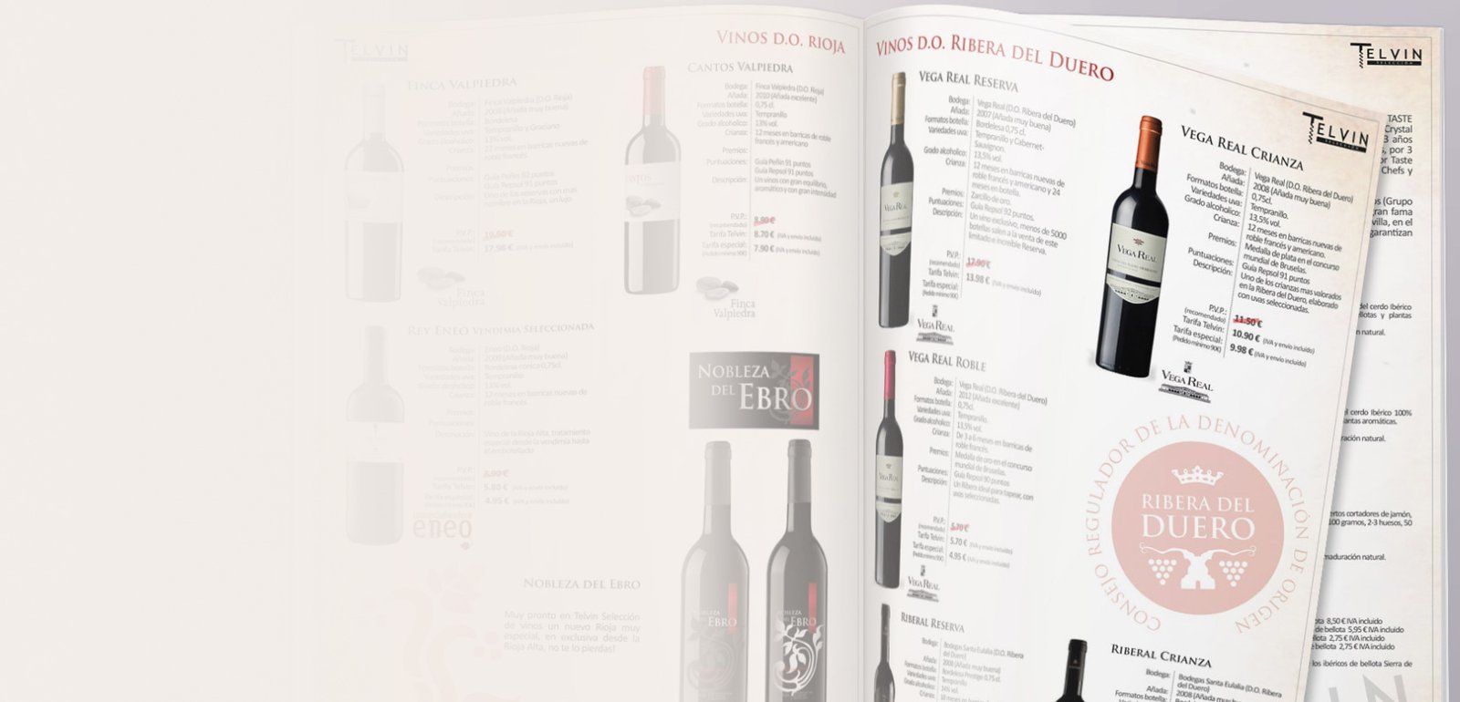 Diseño de logo, marca, imagen corporativa y catálogos para vinos y bodegas Telvin Aragón