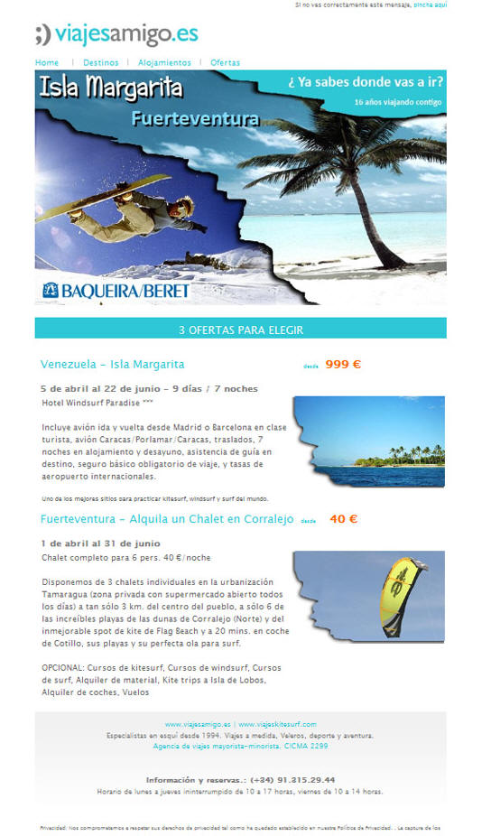 Portfolio of creative graphic design jobs for the creation of newsletters and flyers for travel agency specialized in Kite Surf