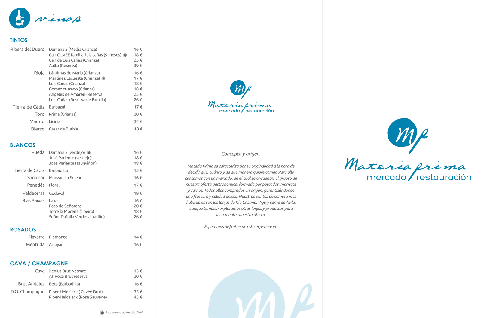 Diseño gráfico y creativo de cartas de Restaurante Materia Prima