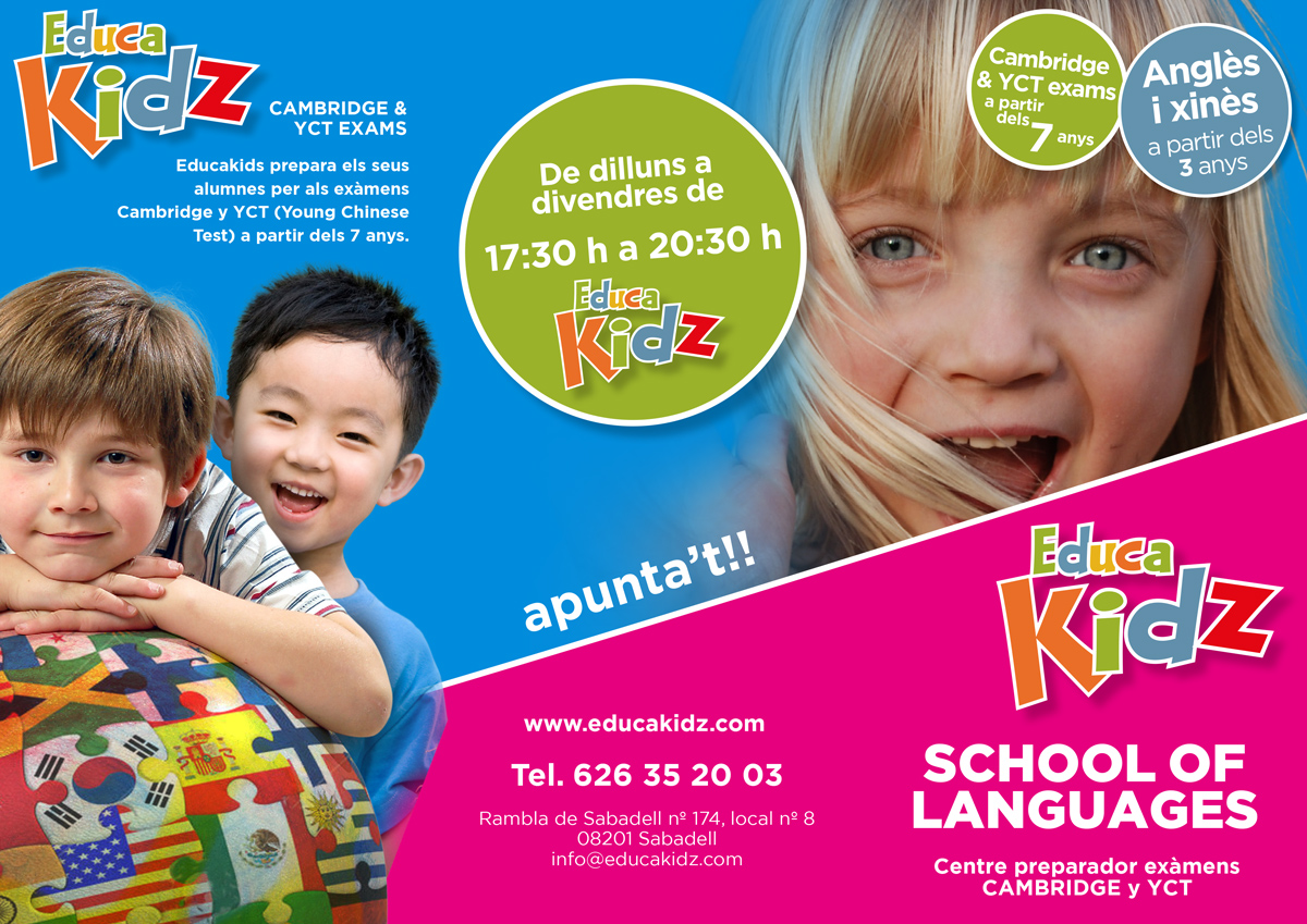 Diseño gráfico y creativo de flyers, folletos, dípticos y trípticos para campaña de publicidad para escuela de enseñanza de inglés para niños