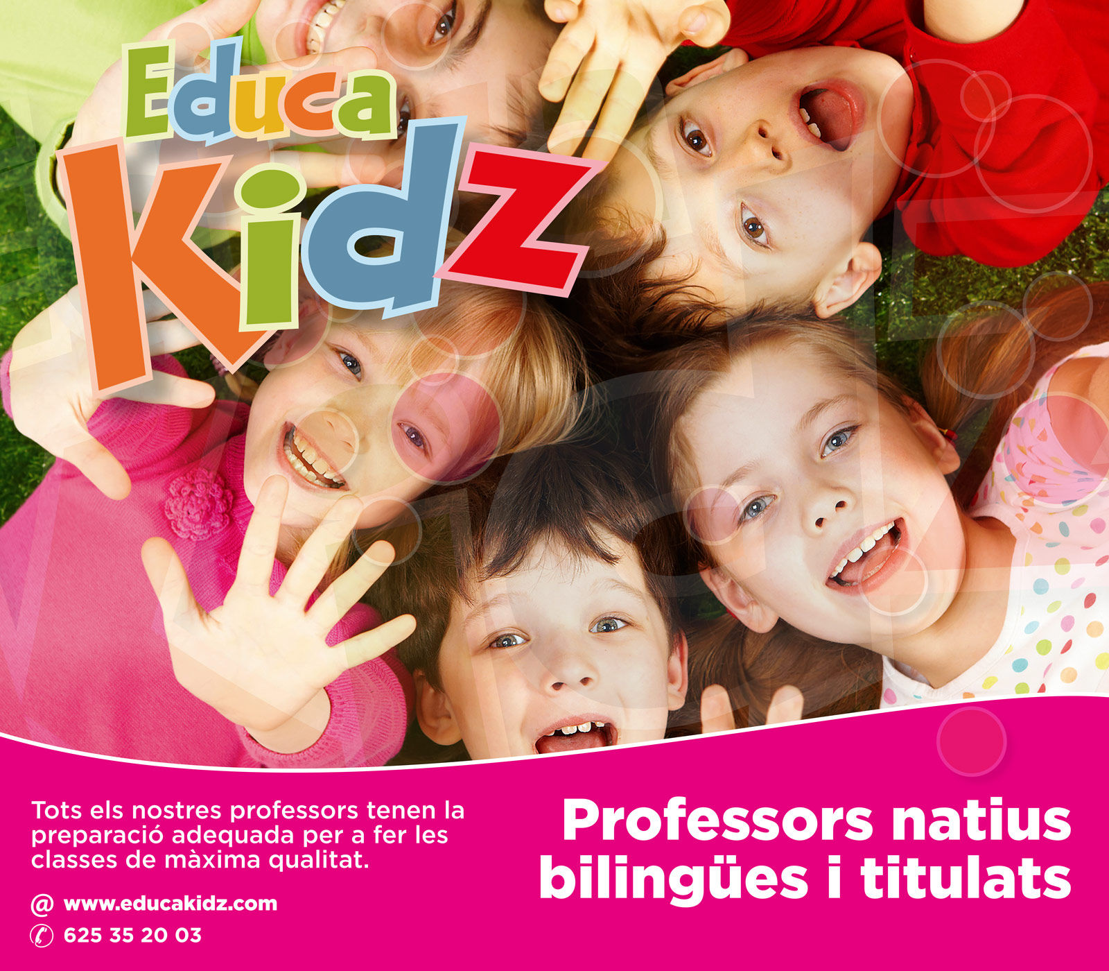 Diseño gráfico y creativo de flyers, folletos, dípticos y trípticos para campaña de publicidad para escuela de enseñanza de idiomas infantil