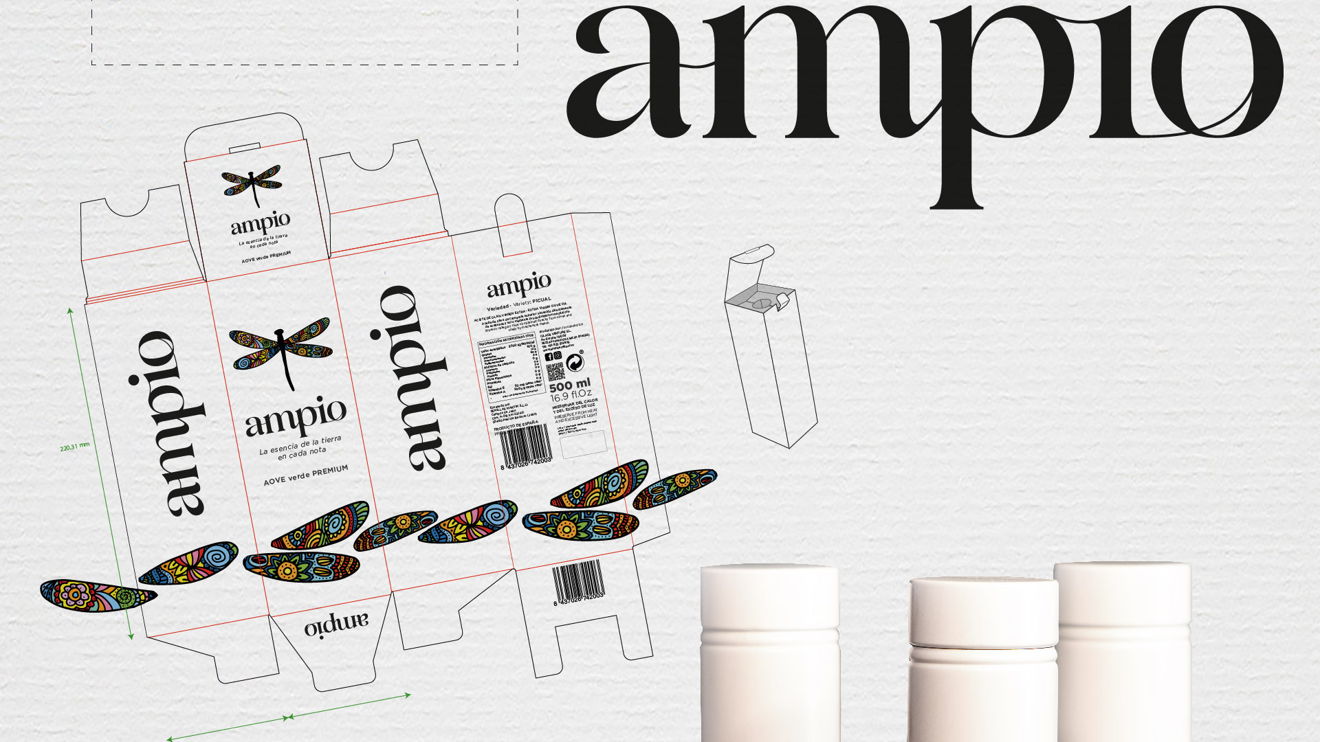 Diseño gráfico y creativo de etiquetas de aceite de oliva virgen extra AMPIO ACEITE