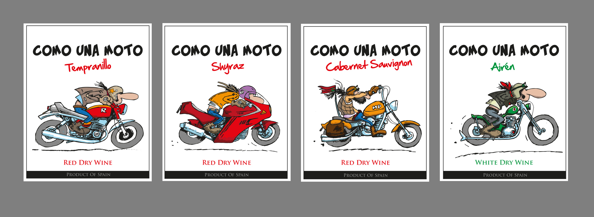 Portfolio of graphic and creative design works on wine labels and packaging for Spanish wine: COMO UNA MOTO