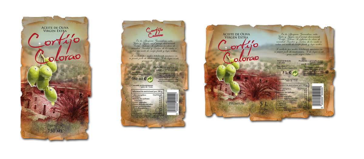 Diseño gráfico y creativo de etiquetas de aceite de oliva virgen extra para la marca CORTIJO COLORAO