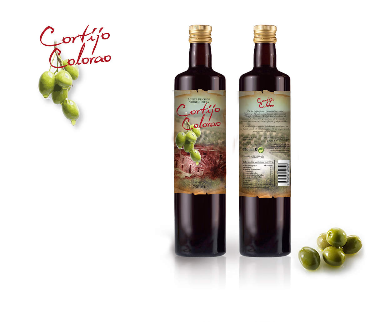 Diseño gráfico y creativo de etiquetas de aceite de oliva virgen extra para la marca CORTIJO COLORAO