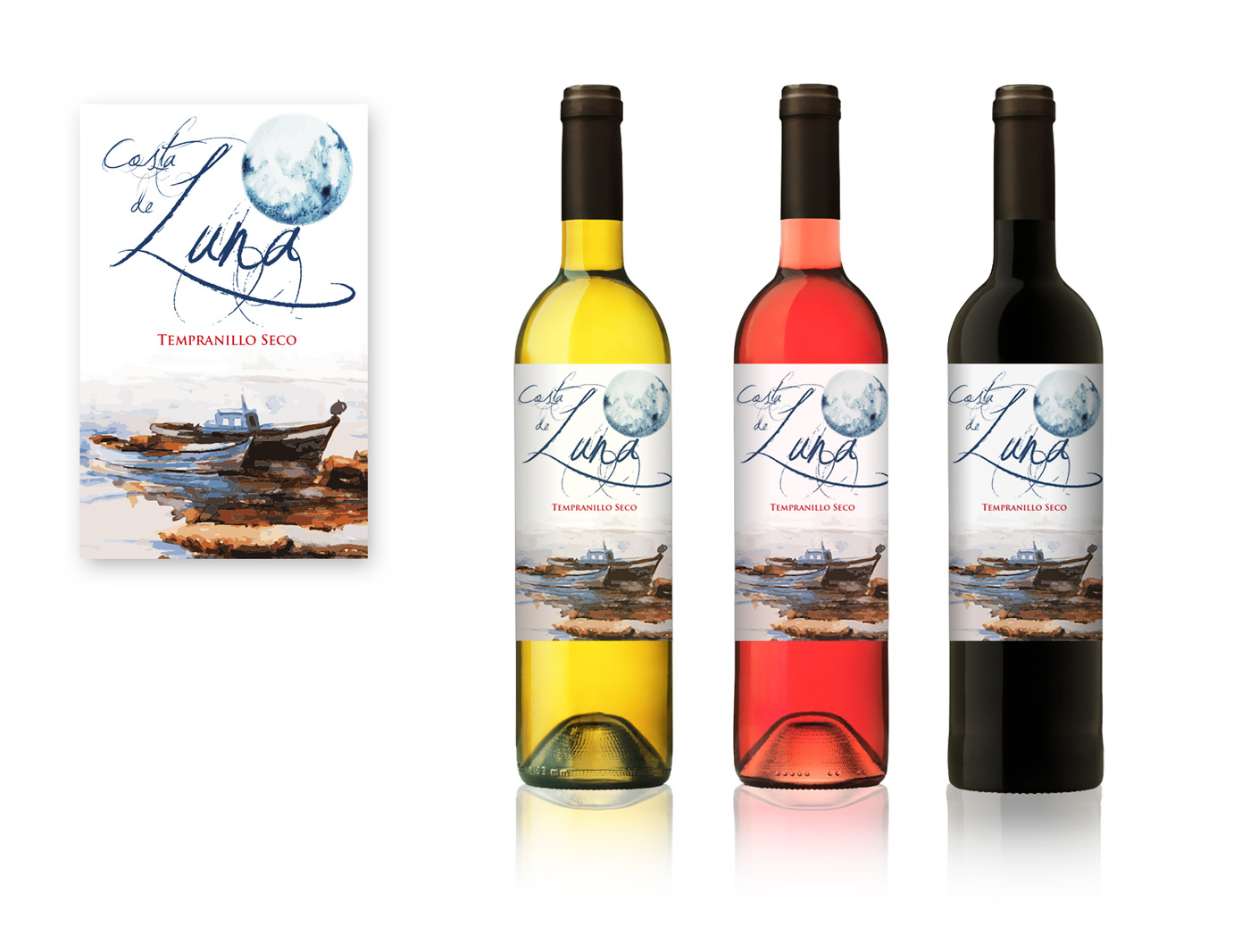 Diseño gráfico y creativo de etiquetas y packaging de vino para COSTA DE LUNA