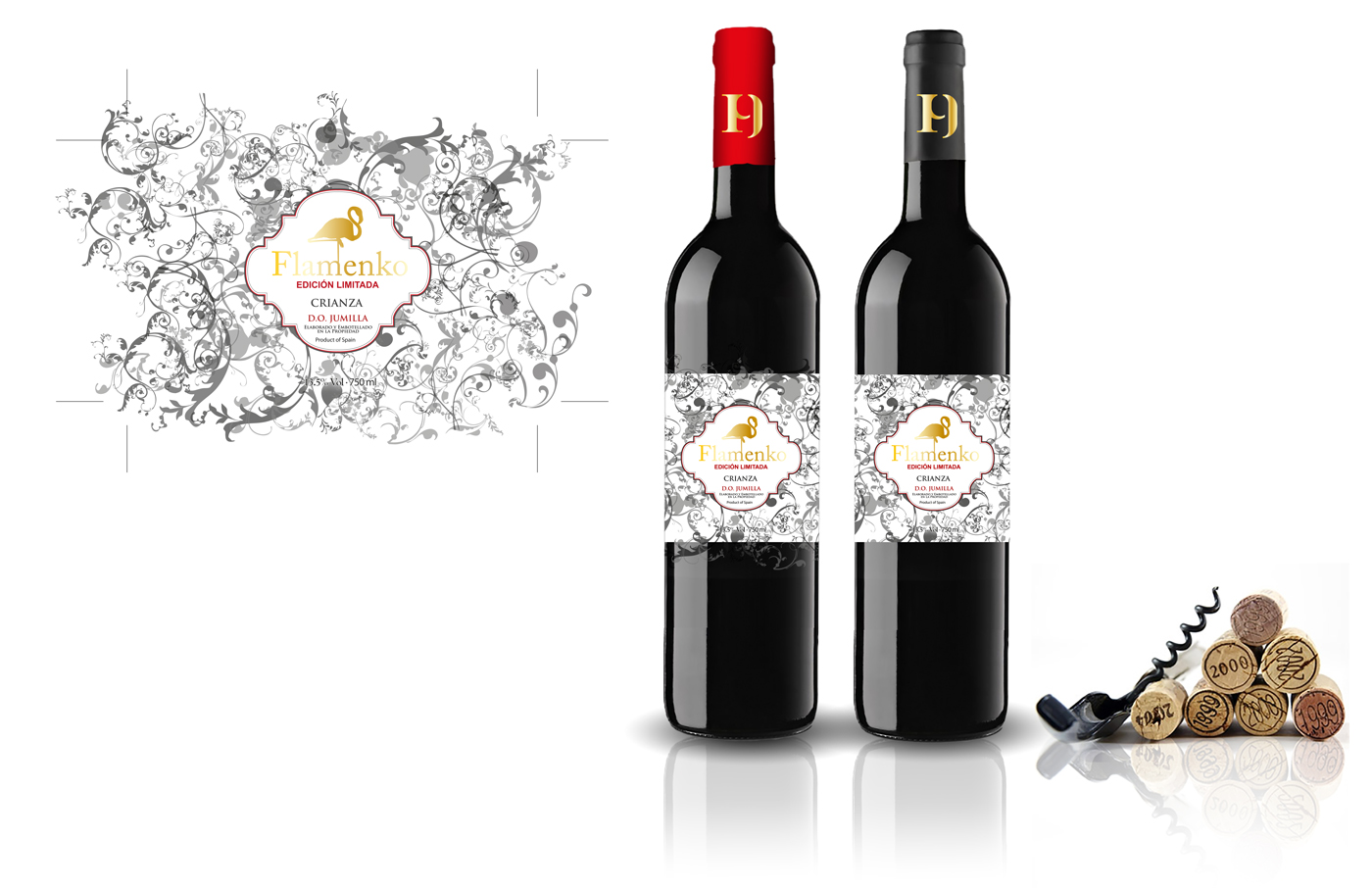 Diseño gráfico y creativo de etiquetas y packaging de vino para FLAMENKO para exportación al mercado Chino