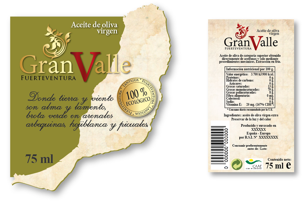 Diseño gráfico y creativo de etiquetas de aceite de oliva virgen extra para la marca Gran Valle Fuerteventura Islas Canarias España