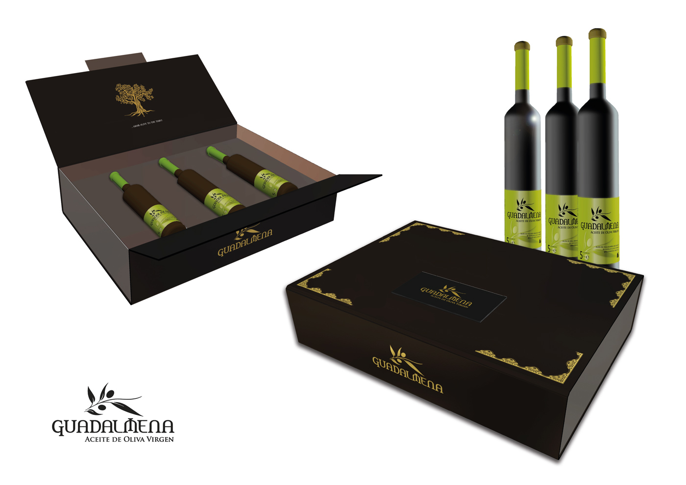 Portfolio of graphic and creative design works of extra virgin olive oil label design and packaging for GUADALMENA