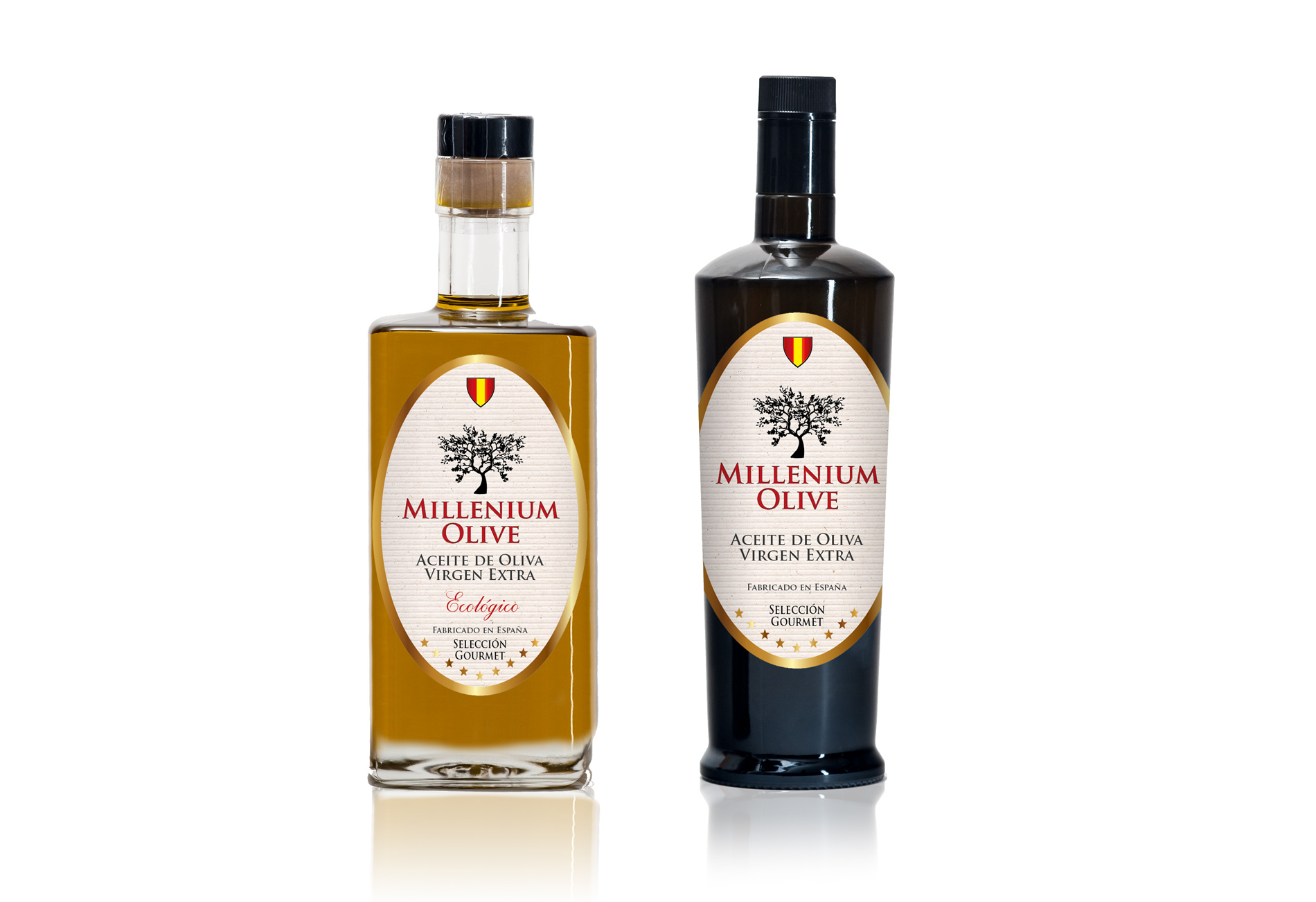 Diseño gráfico y creativo de etiquetas de aceite de oliva virgen extra para la marca MILLENIUM OLIVE OIL