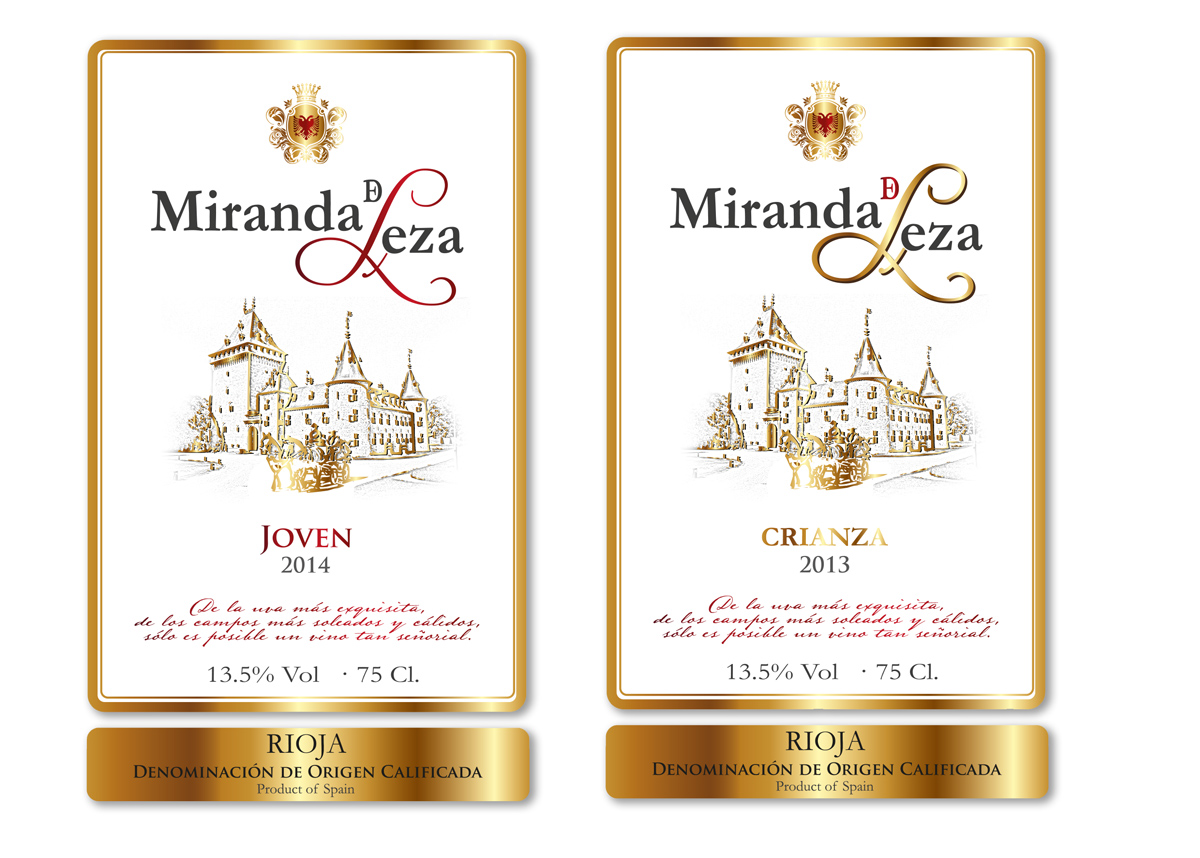 Portfolio of graphic and creative design works on wine labels and packaging for Spanish wine: MIRANDA DE LEZA for export to the Chinese market
