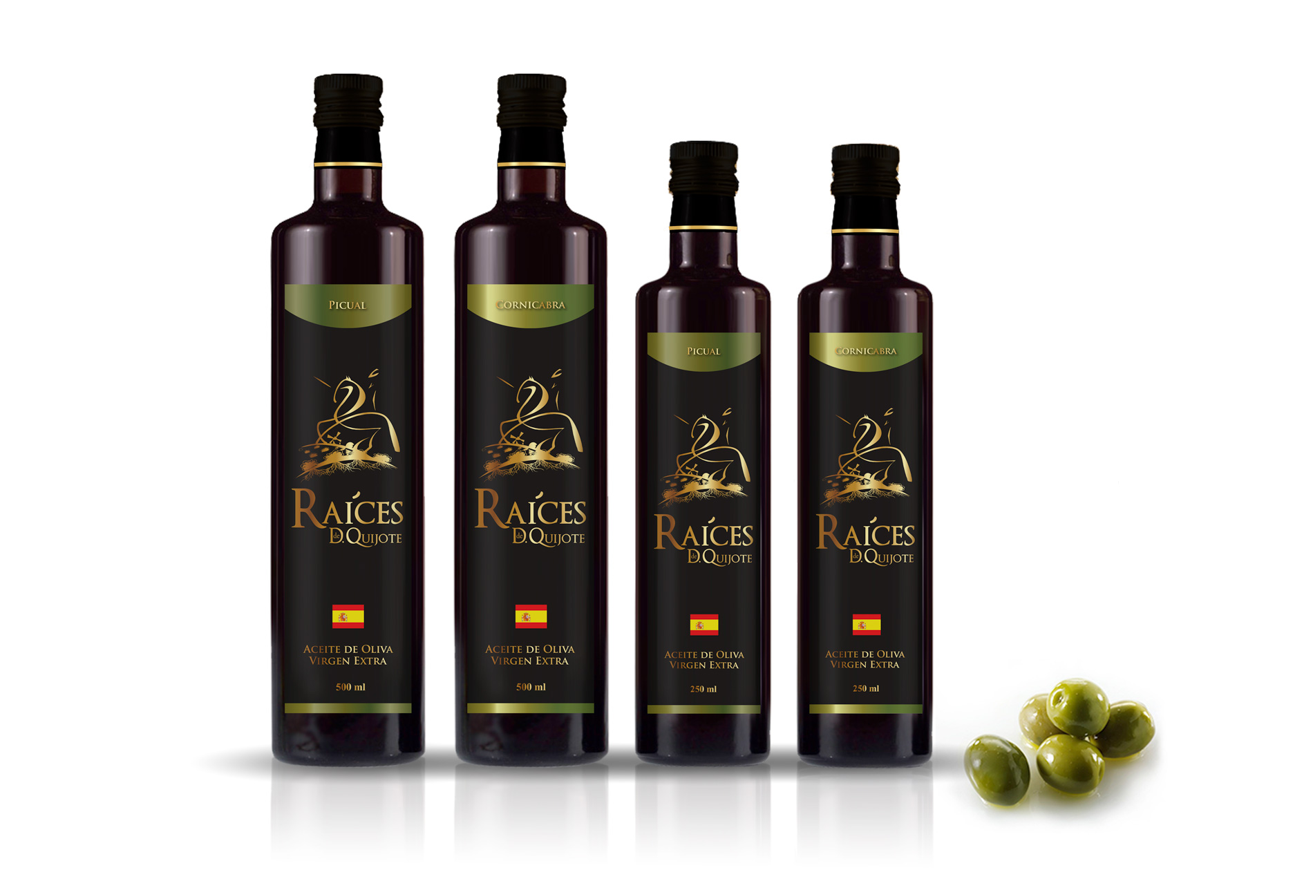 Portfolio of graphic and creative design works of extra virgin olive oil label design and packaging for vinegar RAICES DE DON QUIJOTE premium edition