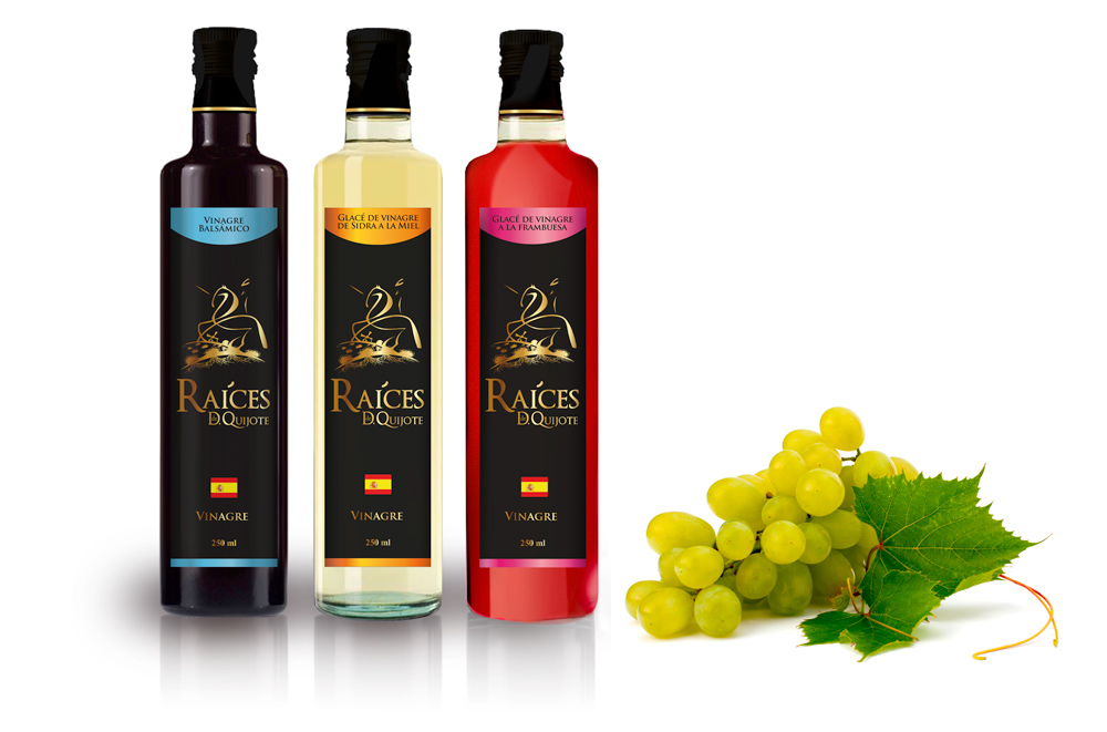 Diseño gráfico y creativo de etiquetas de aceite de oliva virgen extra para la marca RAICES DE DON QUIJOTE