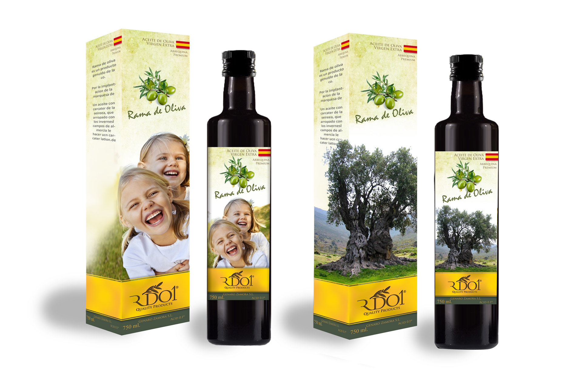 Diseño gráfico y creativo de etiquetas de aceite de oliva virgen extra para la marca RDO1 con exportación a China