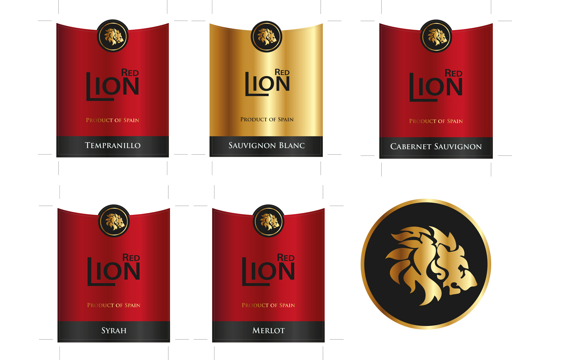 Portfolio of graphic and creative design works on wine labels and packaging for Spanish wine: RED LION for export to China and Eastern countries