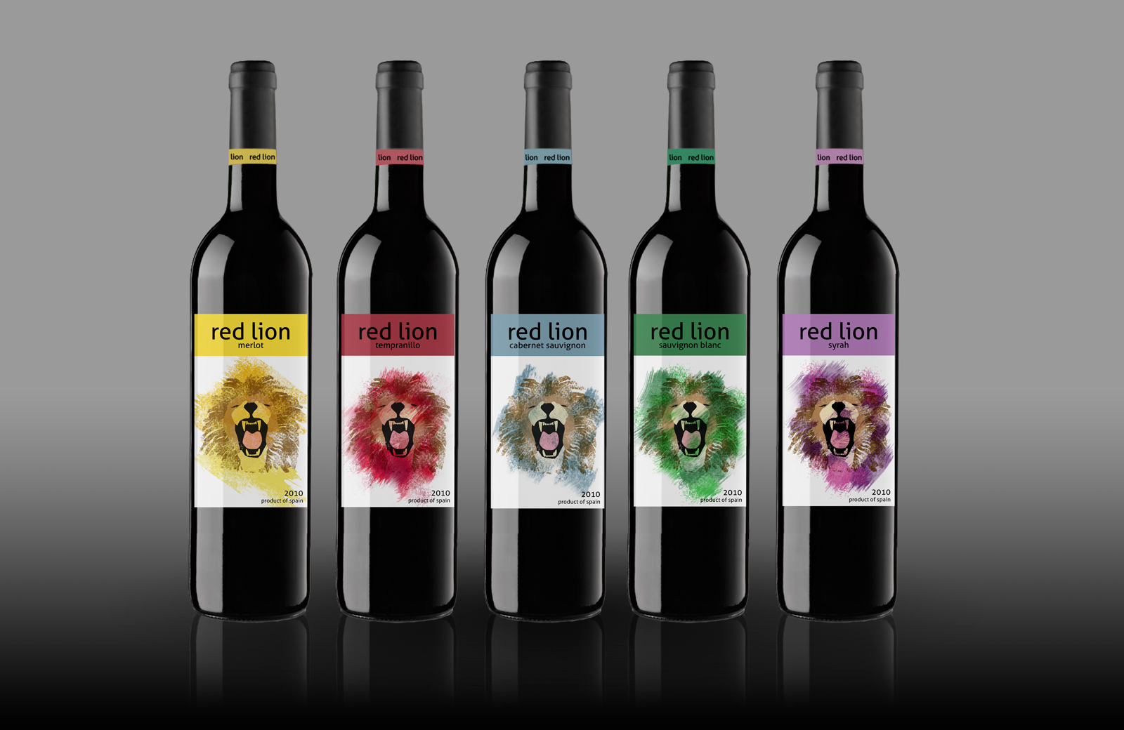 Portfolio of graphic and creative design works wine labels and packaging for Spanish wine RED LION