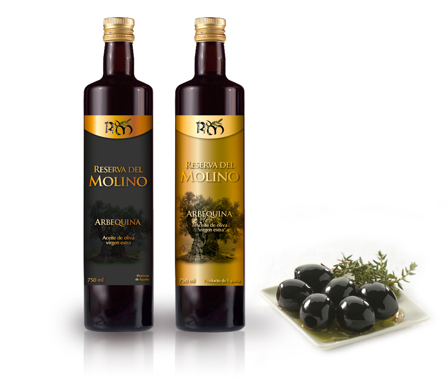 Diseño gráfico y creativo de etiquetas de aceite de oliva virgen extra para la marca RESERVA DEL MOLINO