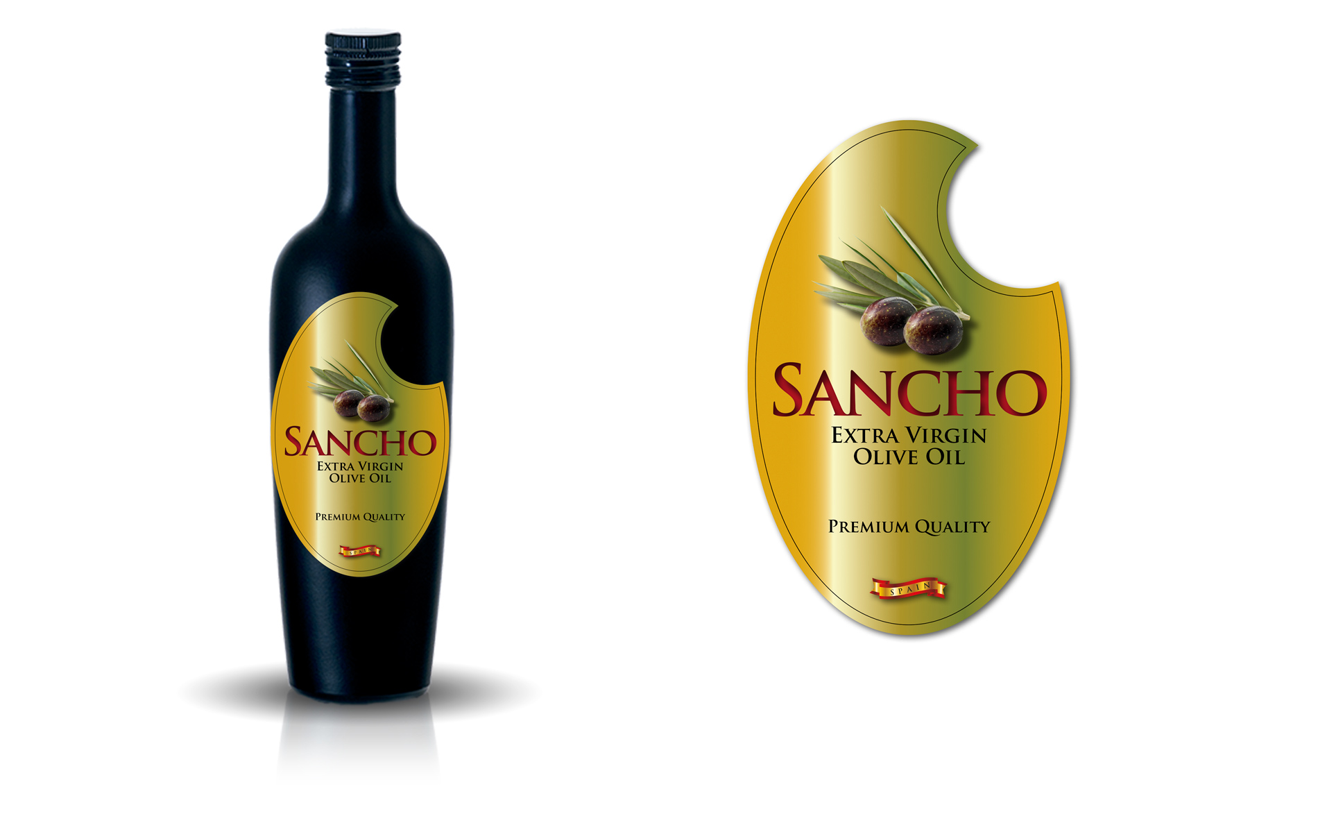 Portfolio of graphic and creative design works of extra virgin olive oil label design and packaging for SANCHO OLIVE OIL