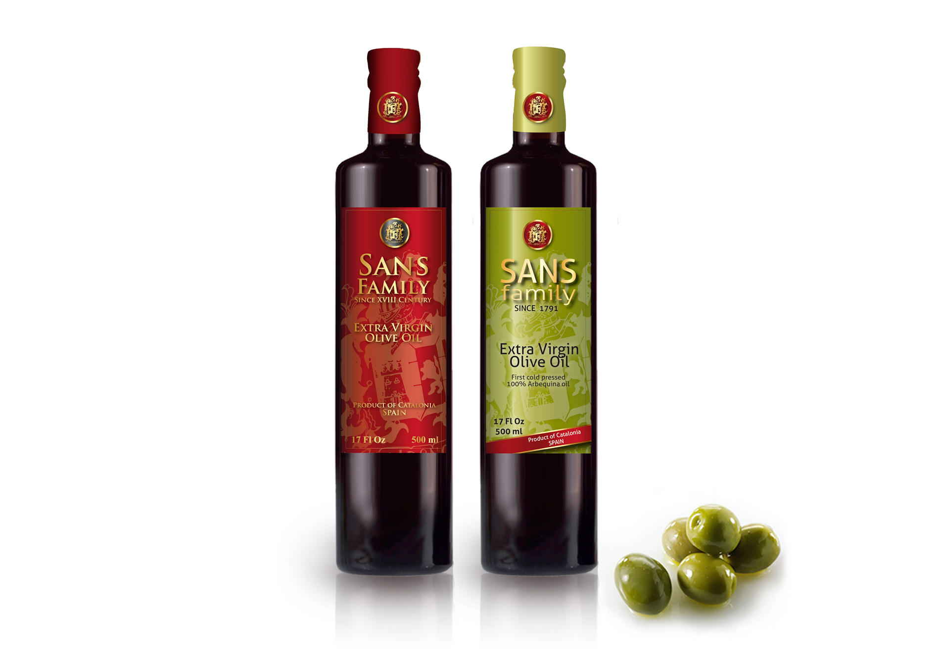 Diseño gráfico y creativo de etiquetas de aceite de oliva virgen extra para la marca SANS FAMILY
