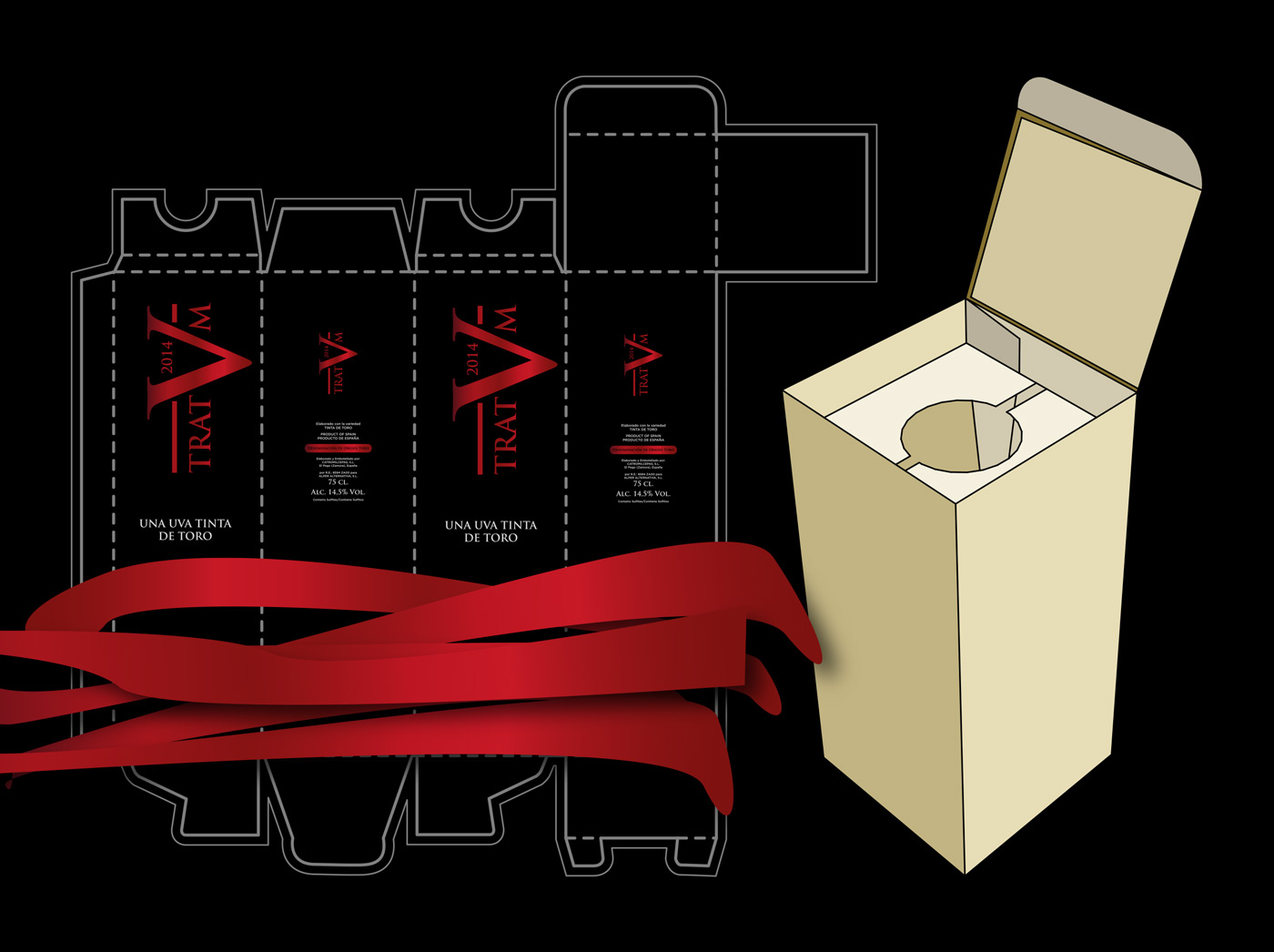 Diseño de packaging caja de botellas vino tinto