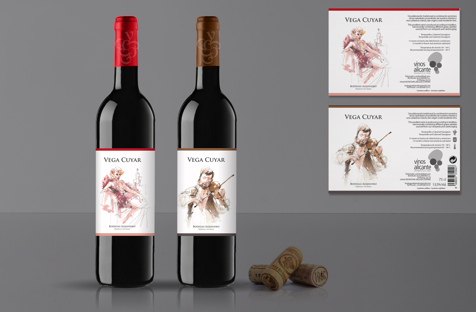 Diseño gráfico y creativo de etiquetas y packaging de vino para VEGA CUYAR