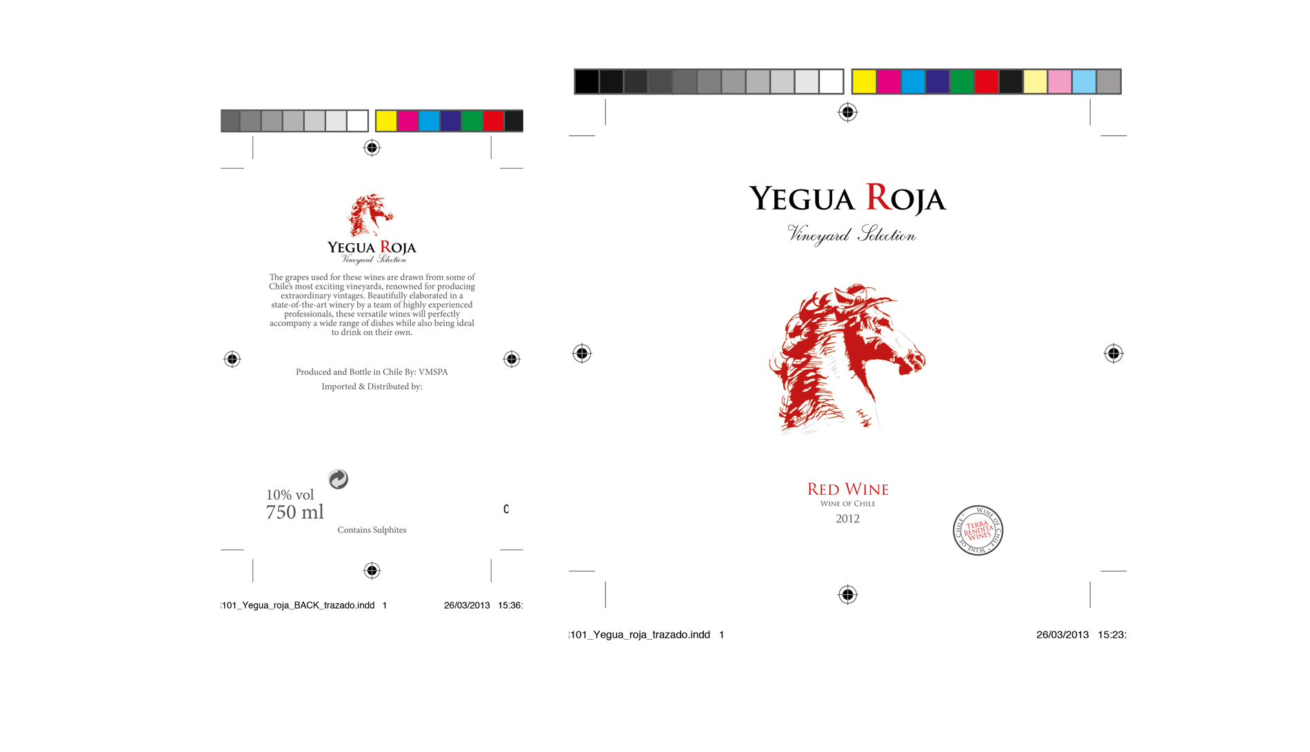 Diseño gráfico y creativo de etiquetas y packaging de vino para bodegas YEGUA ROJA de Chile, consumo propio y exportación