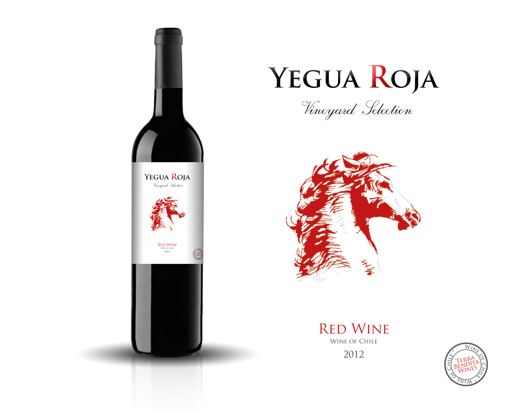Portfolio of graphic and creative design works on wine labels and packaging for Chilean wine: YEGUA ROJA