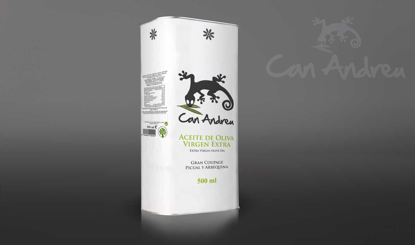 Portfolio of graphic and creative design works of extra virgin olive oil label design and packaging for CAN ANDREU in the Balearic Islands