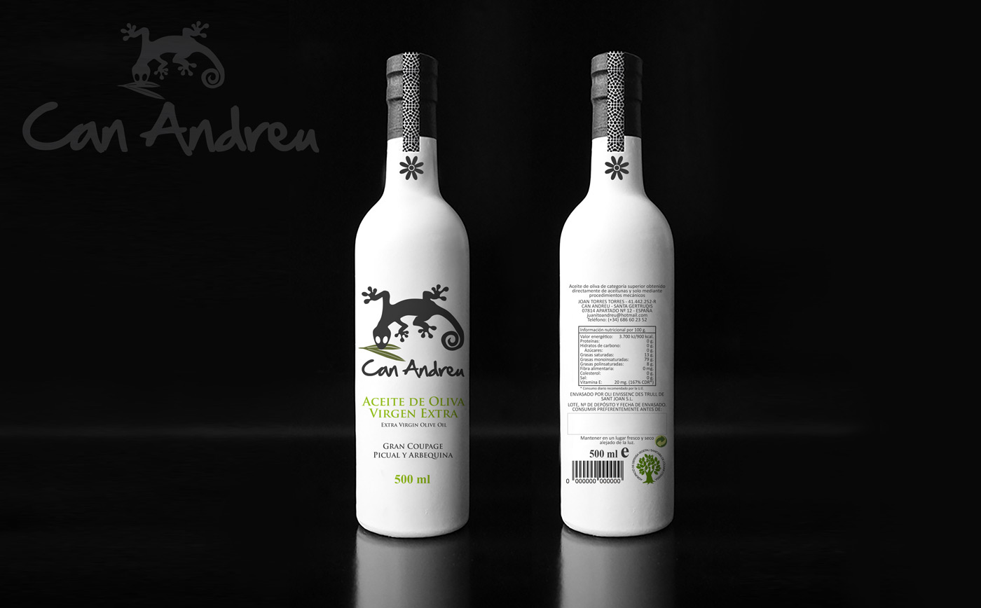 Portfolio of graphic and creative design works of extra virgin olive oil label design and packaging for CAN ANDREU in the Balearic Islands