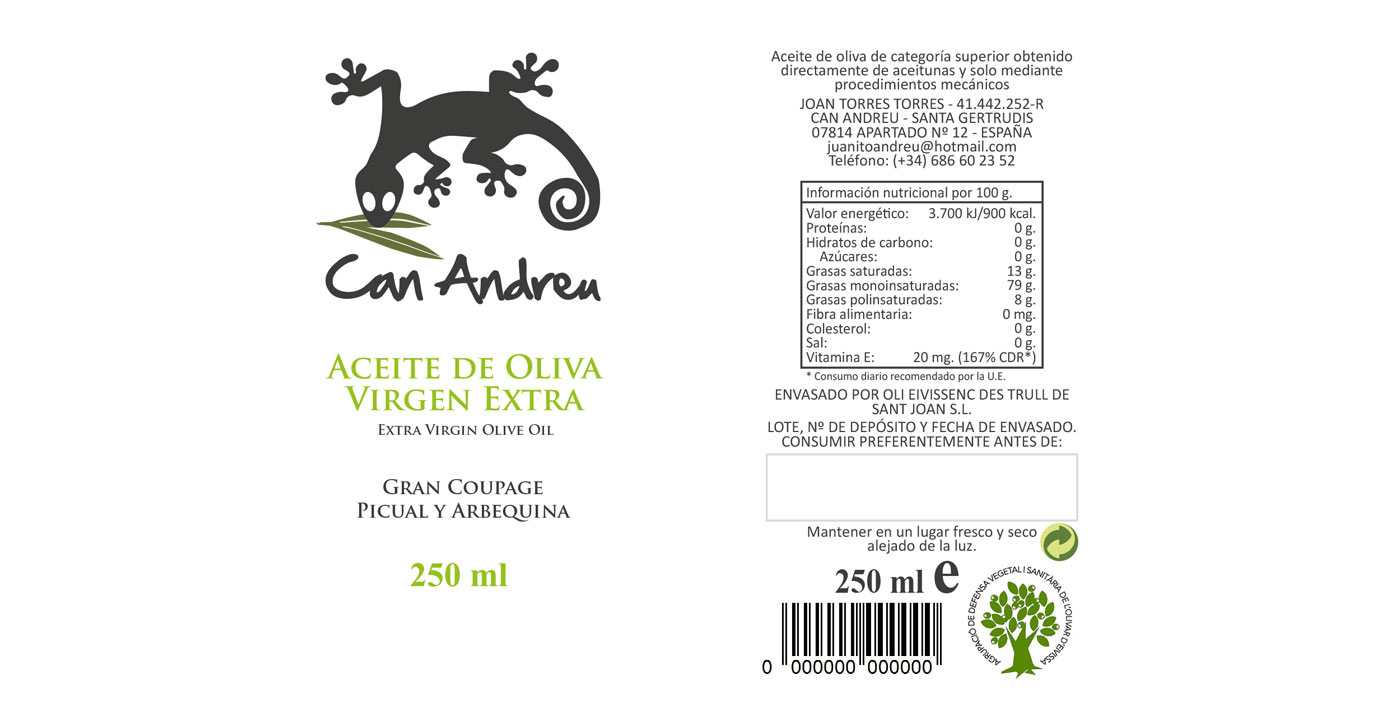 Diseño gráfico y creativo de etiquetas de aceite de oliva virgen extra para la marca de BALEARES