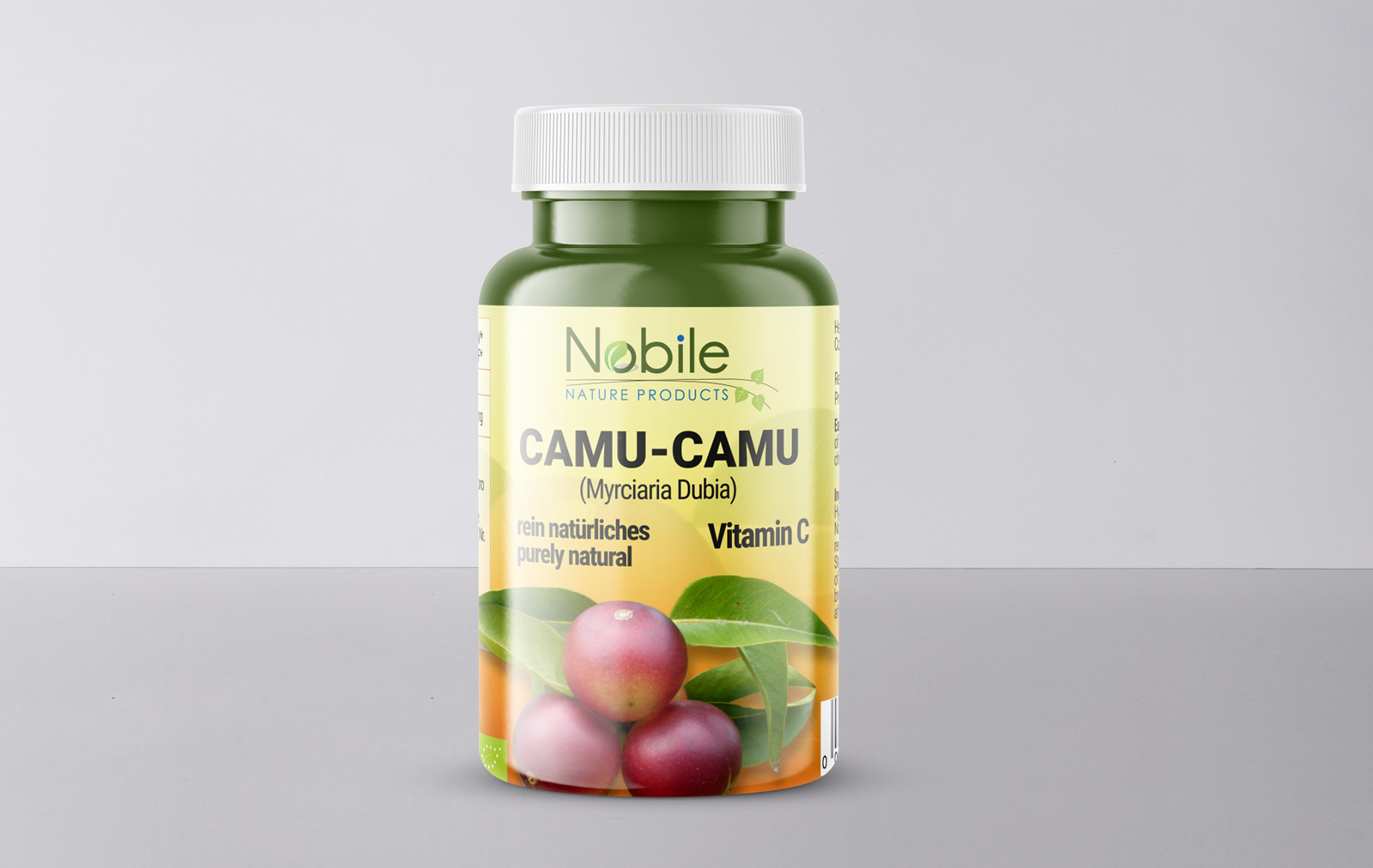 Portfolio of graphic and creative design of label and packaging design for bio products CAMU CAMU from NOBILE NATURE PRODUCTS
