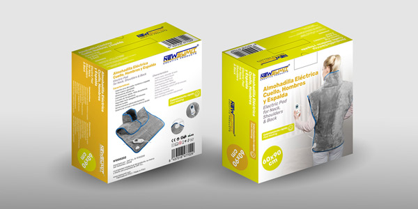 Portfolio of graphic and creative design works of boxes and packaging for a manufacturer of household products: electric pad for neck and back