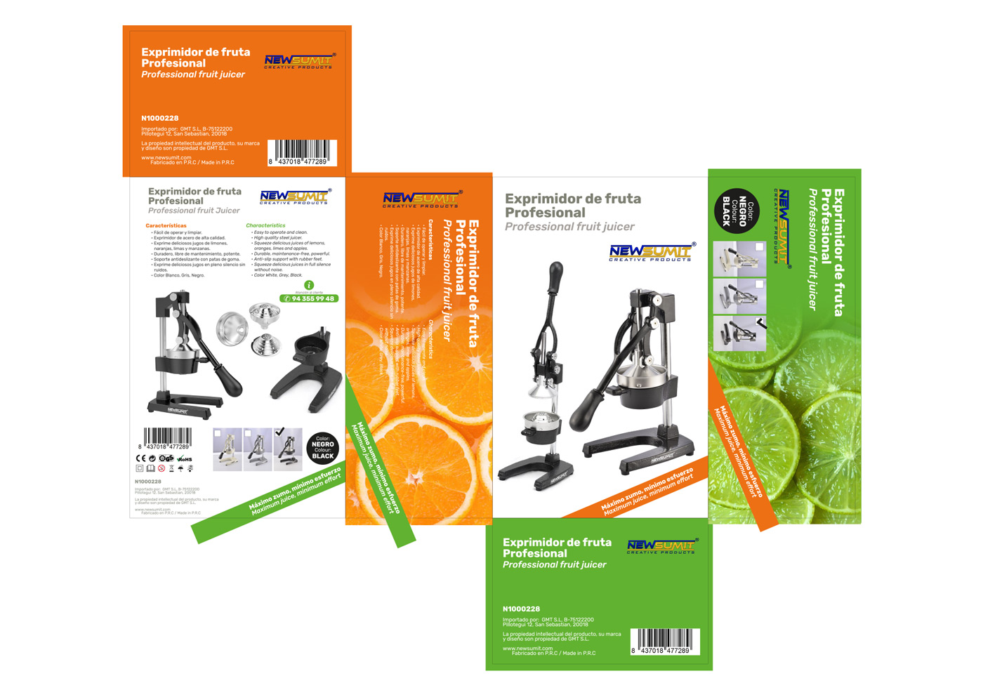 Portfolio of graphic and creative design works of boxes and packaging for a company that produces professional juicers