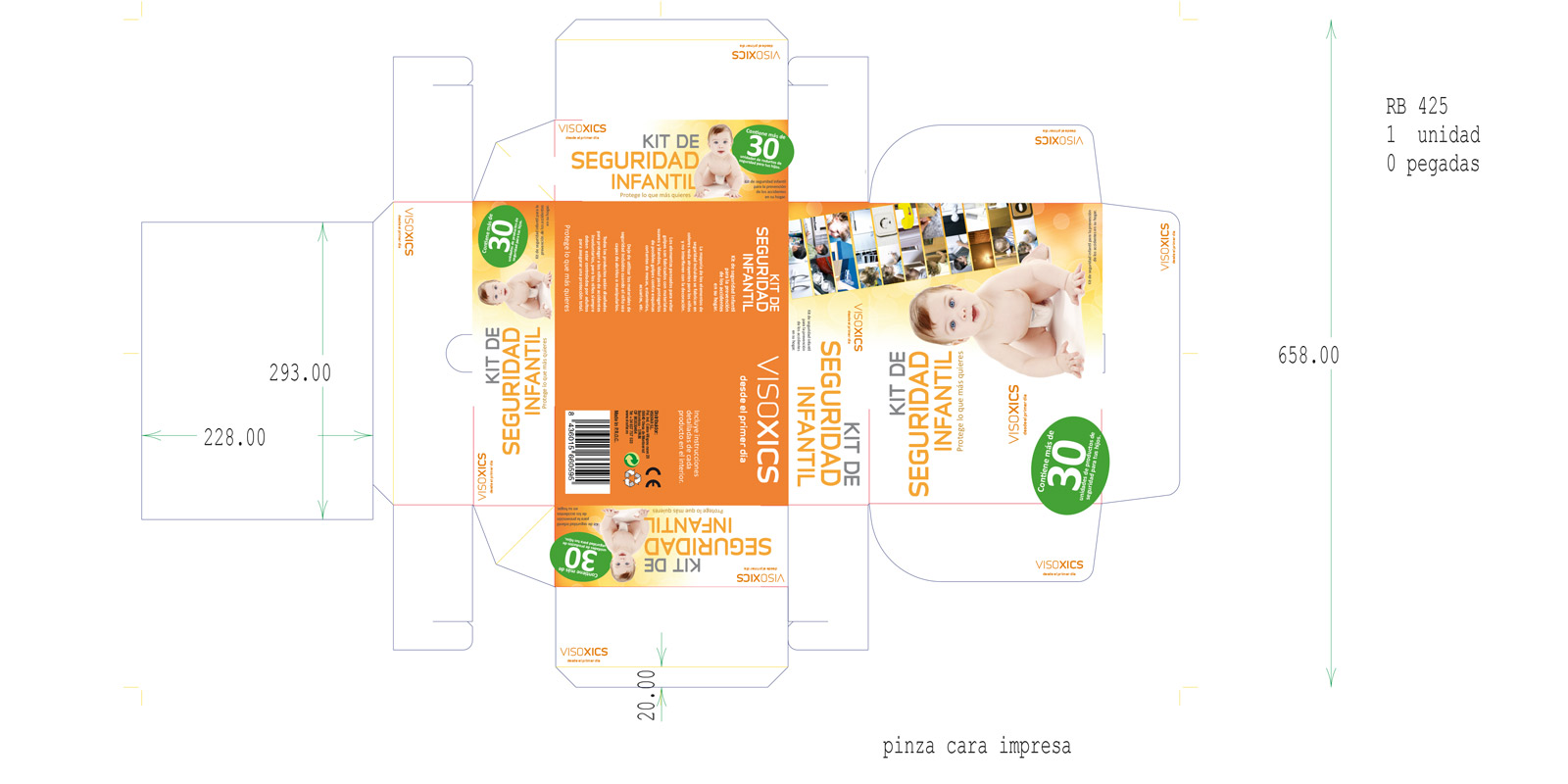 Trabajos diseño y creación packaging embalaje para una caja kit seguridad infantil de venta en farmacia, diseño de vector en illustrator para diseño gráfico