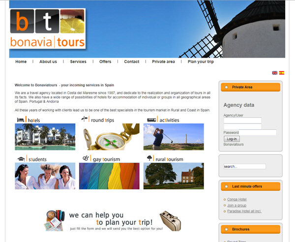 Trabajos de maquetación y diseño página web agencia de viajes receptiva Bonavia Tours, diseño web incoming, diseño web venta de viajes, tienda online viajes, pasarela de cobro, cobro online programación web