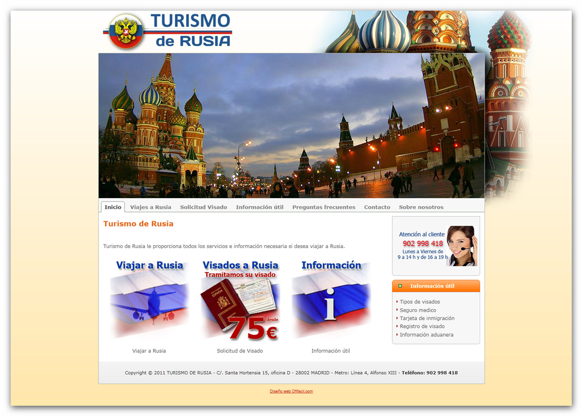 Diseño de página web para una agencia de viajes especializada en el destino de Rusia y en la tramitación de visados para éste país. Página web diseñada con Joomla, gestor de contenidos auto gestionable por el cliente