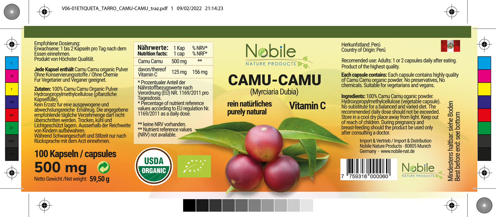 Graphic and creative design of product labels for CAMU-CAMU from the company Nobile Nature Products in Germany