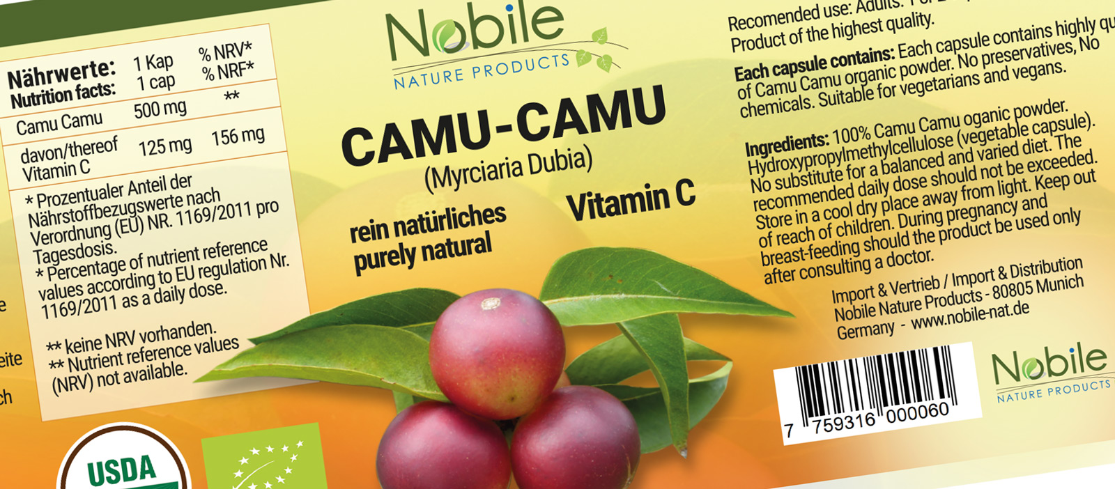 Graphic and creative design of product labels for CAMU-CAMU from the company Nobile Nature Products in Germany