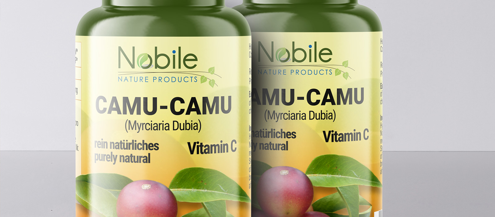 Diseño gráfico y creativo de etiquetas y packaging para CAMU-CAMU de Nobile Nature Products en Alemania