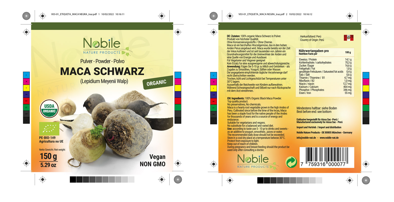 Graphic and creative design of product labels for BLACK MACA - MACA SCHWARZ from the company Nobile Nature Products in Germany
